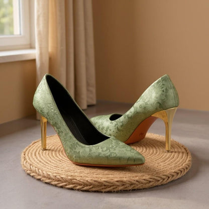 Green Floral Heels, Pointed Toe Stiletto Pumps, Sage Green Dress Shoes