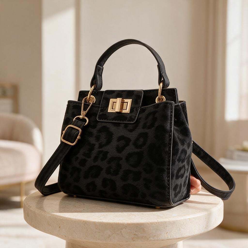 Black Leopard Handbag, Structured Top Handle Purse, Elegant Shoulder Bag, Animal Print Womens Handbag, Gold Buckle Purse