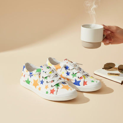 Colorful Star Print Sneakers for Women, White Low Top Shoes, Retro Lace Up Footwear