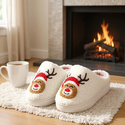 Reindeer Christmas Slippers, Fuzzy Plush House Shoes, Cozy Holiday Slippers