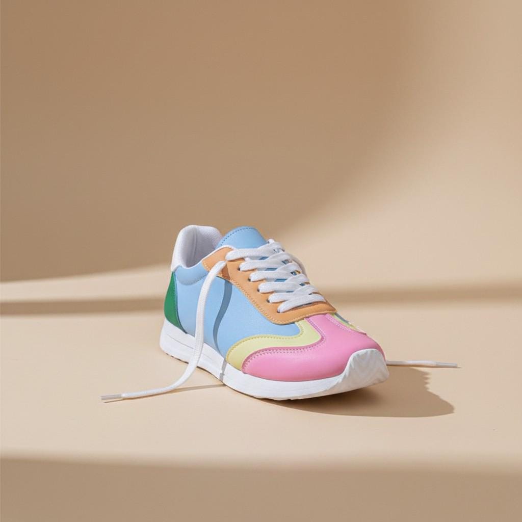 Pastel Color Block Sneakers for Women, Colorful Low Top Shoes, Pink Blue Casual Lace Up Footwear