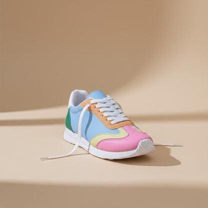 Pastel Color Block Sneakers for Women, Colorful Low Top Shoes, Pink Blue Casual Lace Up Footwear