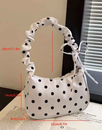 White Polka Dot Shoulder Bag, Bow Strap Purse, Black White Baguette Handbag, Coquette Y2K Bag