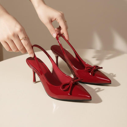 Red Bow Slingback Heels for Women, Pointed Toe Stiletto Pumps, Glossy Dress Shoes