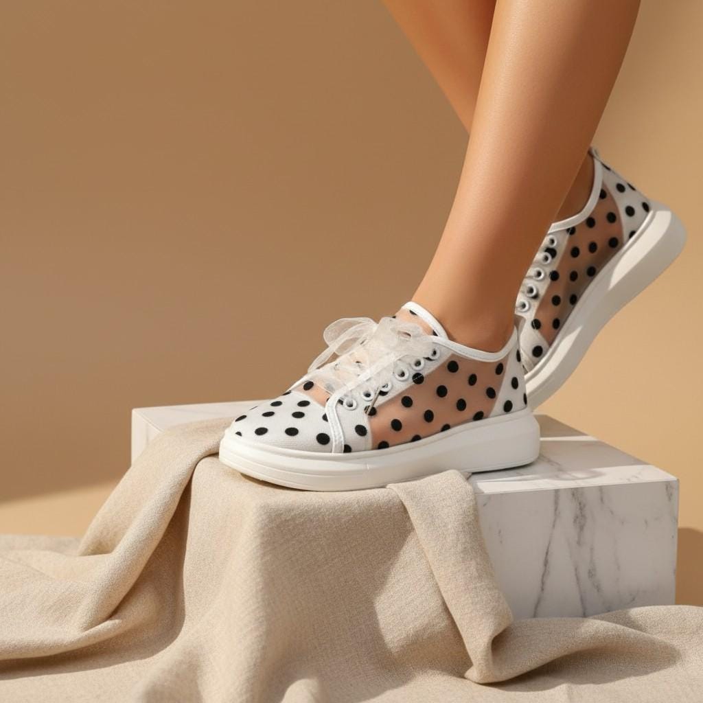 Polka Dot Sneakers for Women, White Bow Shoes, Cute Platform Sneakers, Ribbon Lace Up Shoes, Playful Fashion Trainers