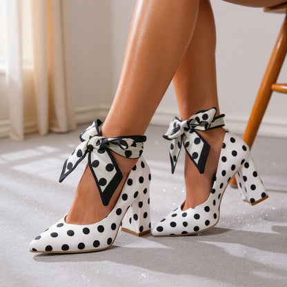 White Polka Dot Heels, Bow Ankle Strap Pumps, Retro Block Heel Shoes
