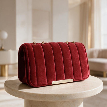Red Velvet Shoulder Bag, Quilted Chain Strap Purse, Burgundy Evening Handbag, Velvet Crossbody Bag, Elegant Women's Bag