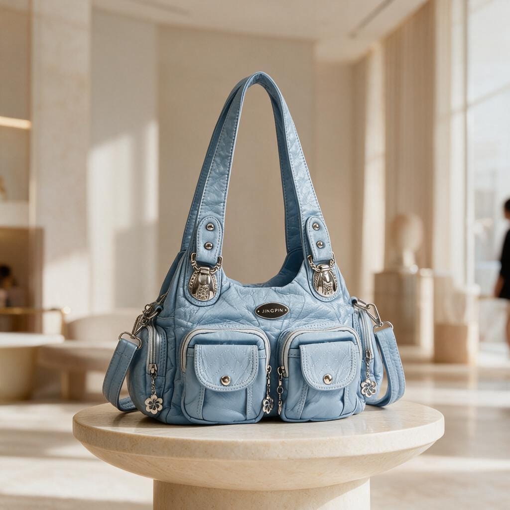 Light Blue Shoulder Bag, Quilted Purse, Y2K Multi Pocket Handbag, Blue Crossbody Bag