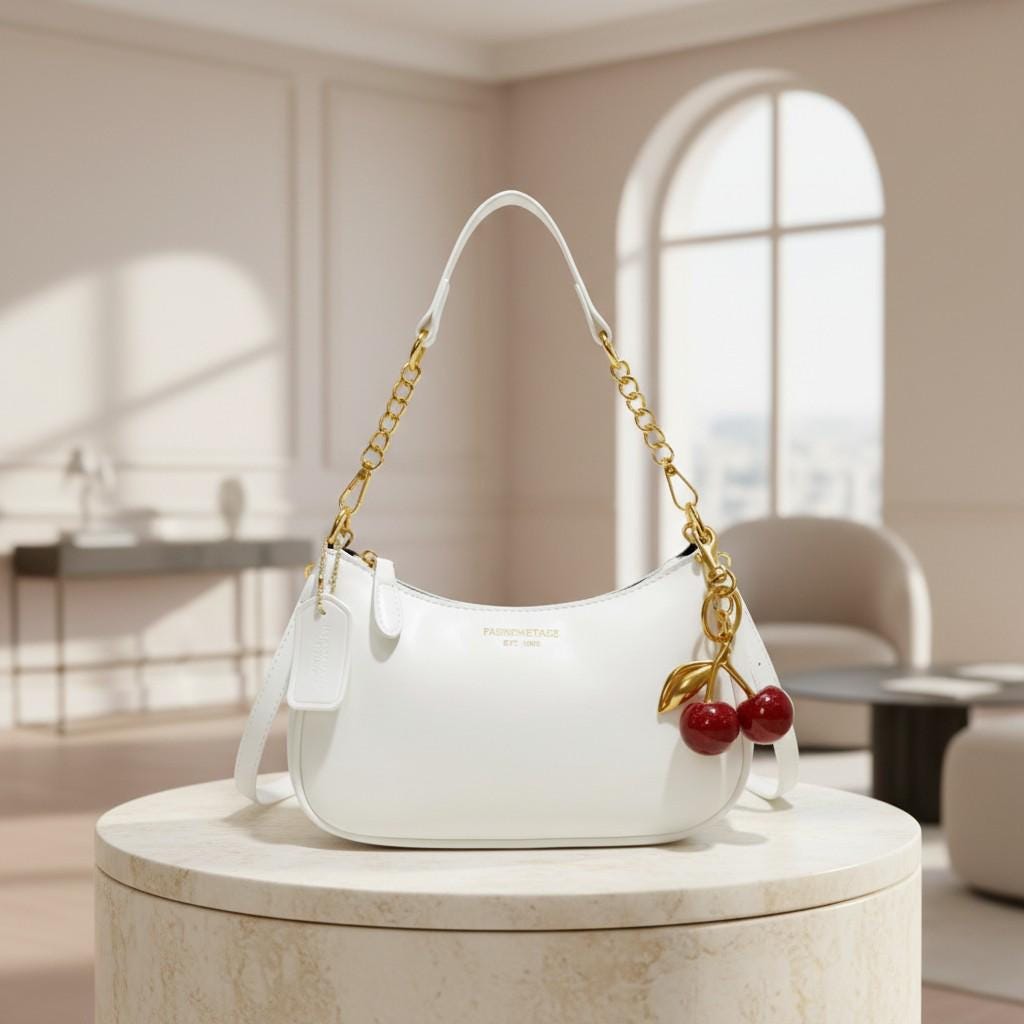White Baguette Shoulder Bag, Cherry Charm Purse, Small Y2K Handbag, Gold Chain Crossbody