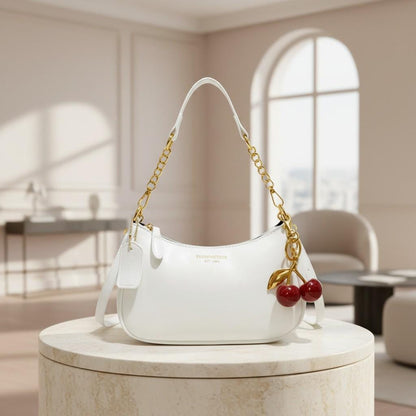 White Baguette Shoulder Bag, Cherry Charm Purse, Small Y2K Handbag, Gold Chain Crossbody