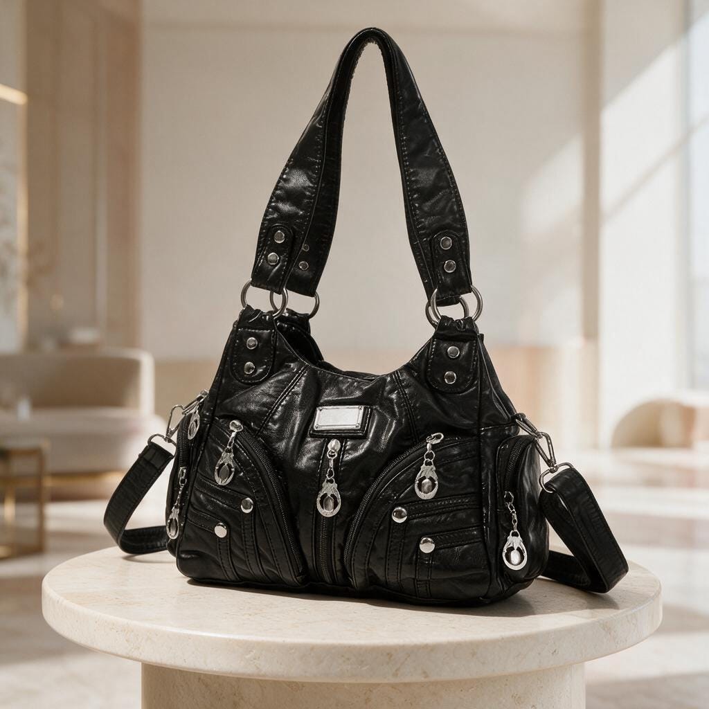 Black Multi Pocket Shoulder Bag, Faux Leather Hobo Purse, Zipper Handbag, Casual Everyday Crossbody Bag, Women Black Handbag