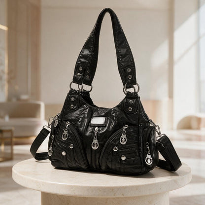 Black Multi Pocket Shoulder Bag, Faux Leather Hobo Purse, Zipper Handbag, Casual Everyday Crossbody Bag, Women Black Handbag