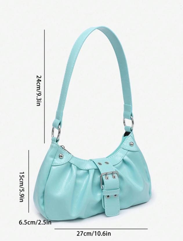 Aqua Blue Shoulder Bag, Y2K Hobo Purse, Ruched Underarm Bag, Buckle Detail Handbag, Retro 90s Style Purse, Cute Everyday Bag