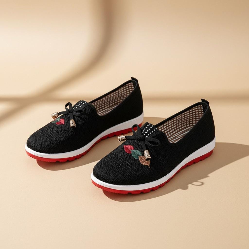 Black Floral Slip On Shoes for Women, Bow Detail Casual Sneakers, Embroidered Everyday Footwear