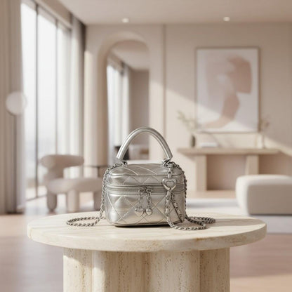 Silver Quilted Mini Bag, Metallic Crossbody Purse, Heart Charm Handbag, Chain Shoulder Bag, Y2K Evening Purse