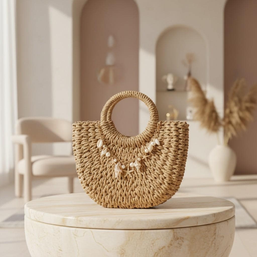 Woven Top Handle Bag, Natural Boho Handbag, Shell Charm Summer Purse