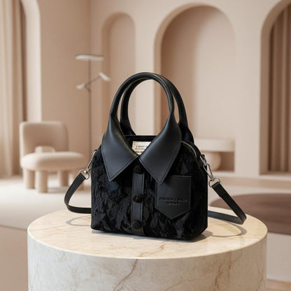 Black Top Handle Bag, Women's Shoulder Crossbody Purse, Collared Satchel Handbag, Casual Structured Bag, Everyday Purse