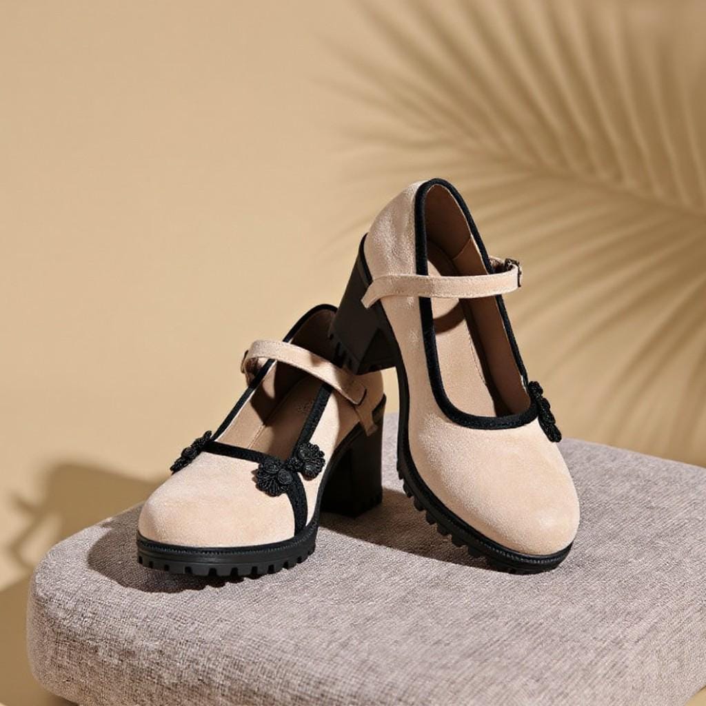 Beige Mary Jane Heels, Black Trim Chunky Pumps, Floral Block Heel Shoes
