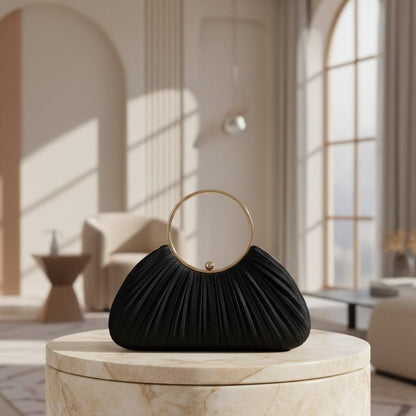 Black Pleated Clutch Bag, Ring Handle Evening Purse, Elegant Black Handbag, Shell Shape Party Bag, Wedding Guest Accessory