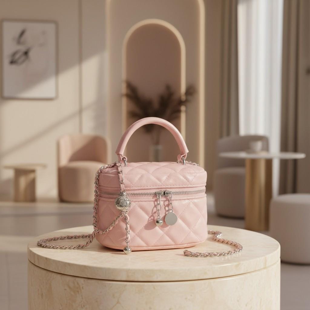 Pink Quilted Mini Bag, Pastel Pink Crossbody Purse, Chain Shoulder Bag, Top Handle Handbag, Cute Y2K Purse, Heart Charm Bag