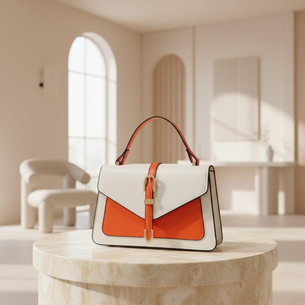 White Orange Colorblock Handbag, Top Handle Crossbody Bag, Buckle Flap Purse, Structured Shoulder Bag, Chic Everyday Bag