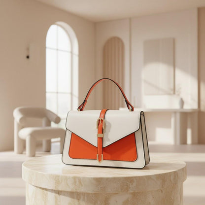White Orange Colorblock Handbag, Top Handle Crossbody Bag, Buckle Flap Purse, Structured Shoulder Bag, Chic Everyday Bag