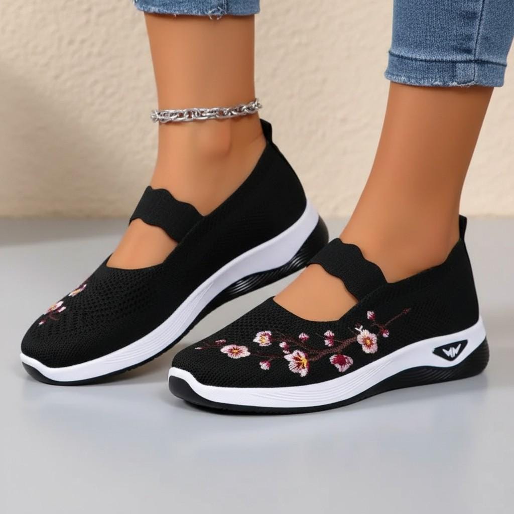 Black Floral Mary Jane Sneakers, Women's Embroidered Walking Shoes, Cute Casual Slip On