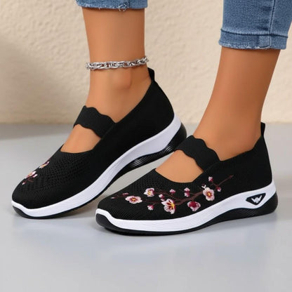 Black Floral Mary Jane Sneakers, Women's Embroidered Walking Shoes, Cute Casual Slip On