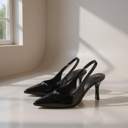 Black Slingback Heels, Pointed Toe Stiletto Pumps, Glossy Patent Look Dress Shoes