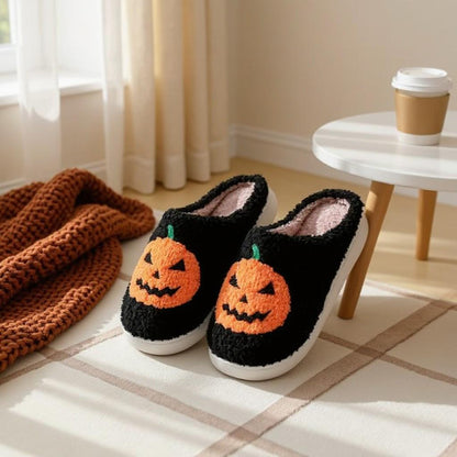 Pumpkin Slippers, Black Halloween House Shoes, Fuzzy Jack O Lantern Slippers
