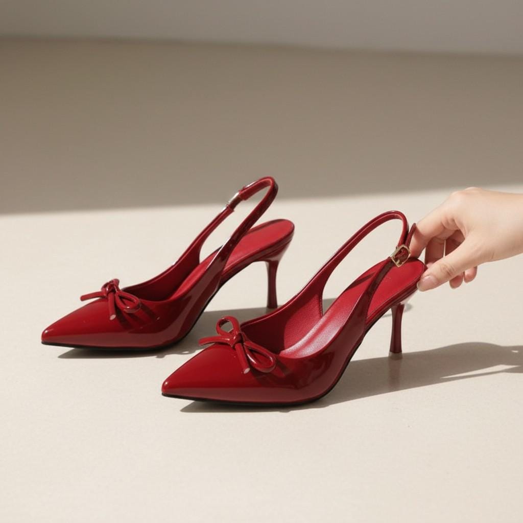 Red Bow Slingback Heels for Women, Pointed Toe Stiletto Pumps, Glossy Dress Shoes