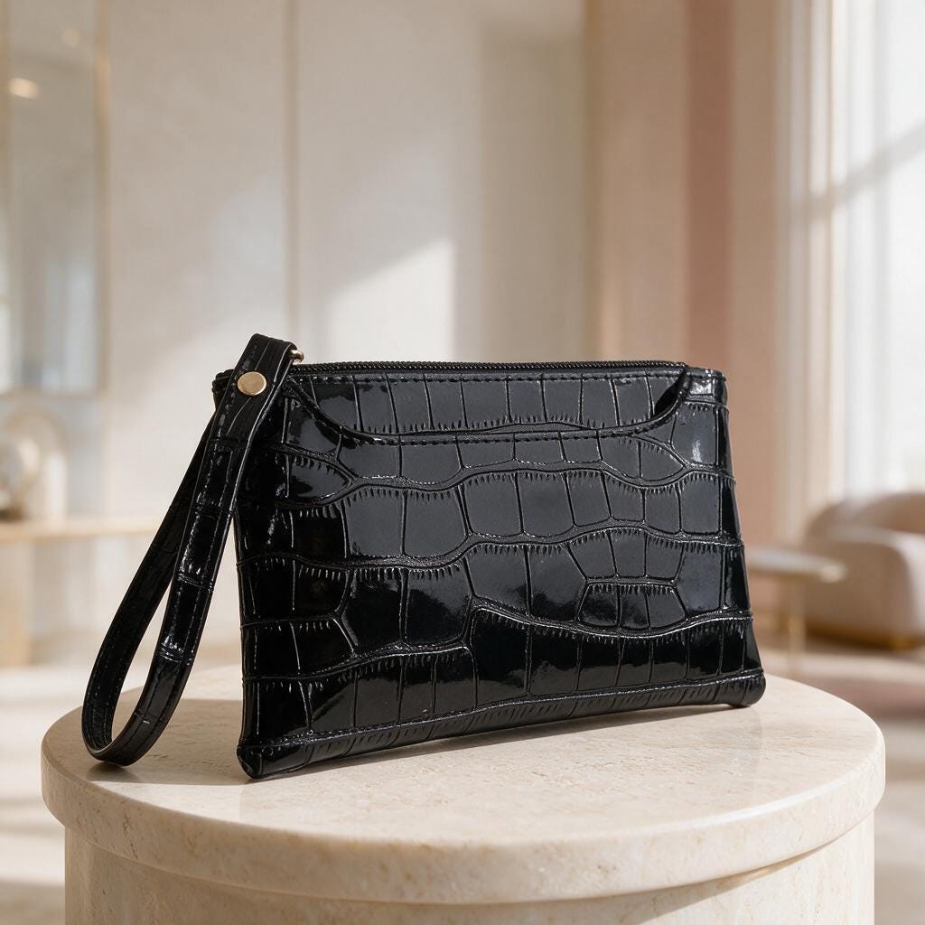 Black Crocodile Clutch Bag, Glossy Wristlet Purse, Embossed Black Evening Bag, Croc Print Pouch, Sleek Zip Wristlet