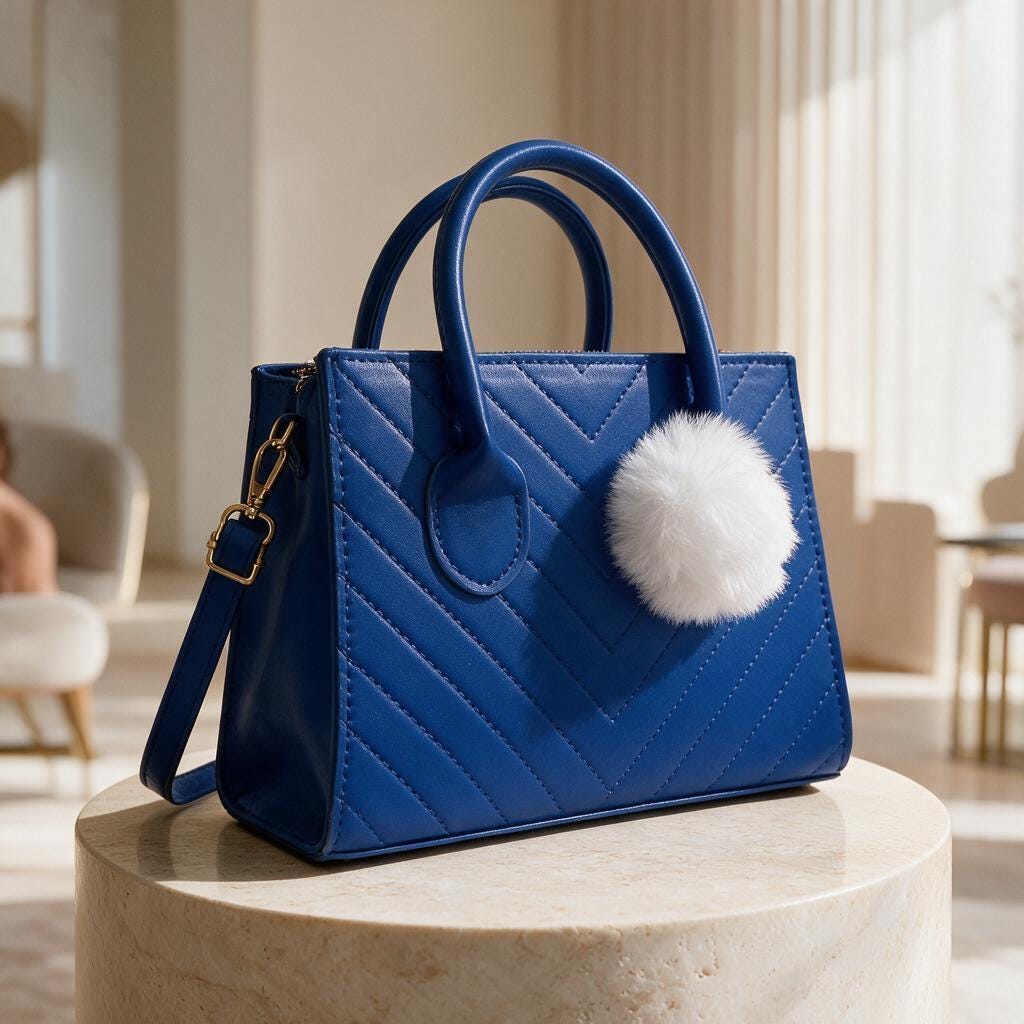 Royal Blue Handbag, Quilted Top Handle Purse, Blue Shoulder Bag with Pom Pom, Geometric Womens Purse, Cute Everyday Bag