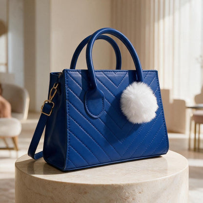 Royal Blue Handbag, Quilted Top Handle Purse, Blue Shoulder Bag with Pom Pom, Geometric Womens Purse, Cute Everyday Bag