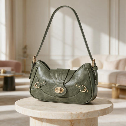 Olive Green Shoulder Bag, Y2K Vintage Purse, Buckle Baguette Handbag, Retro Bag