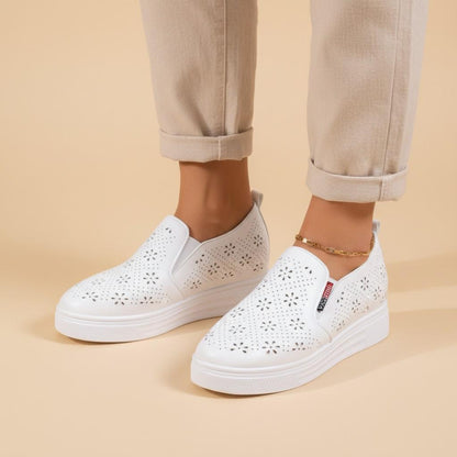 White Floral Wedge Sneakers, Women's Slip On Platform Shoes