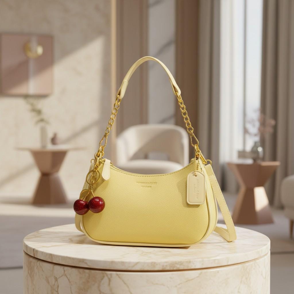 Yellow Baguette Shoulder Bag, Cherry Charm Purse, Small Y2K Handbag, Cute Summer Crossbody Bag