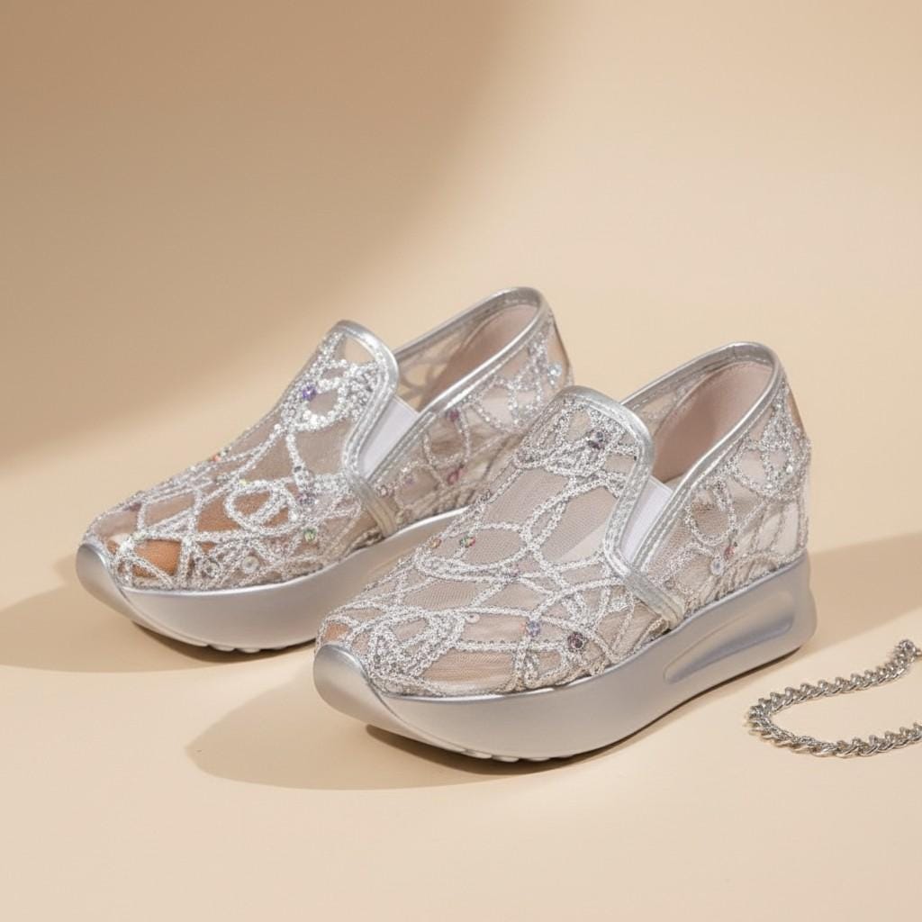 Silver Rhinestone Wedge Sneakers, Women's Sparkle Platform Wedding Shoes