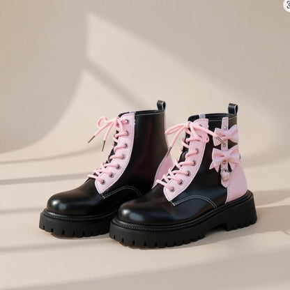 Pink Bow Ankle Boots, Black Lace Up Platform Boots, Chunky Lug Sole Shoes