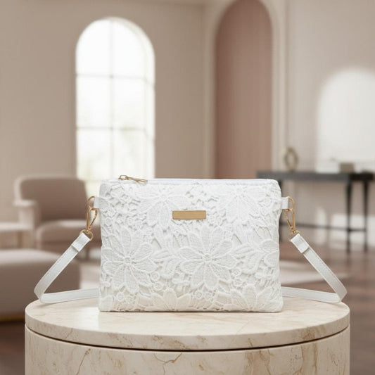 White Lace Crossbody Bag, Floral Shoulder Purse, Romantic Women's Everyday Bag