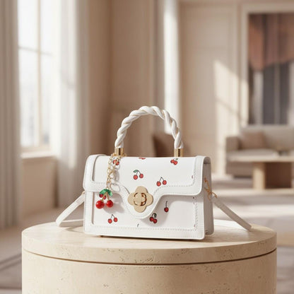White Cherry Shoulder Bag, Cherry Print Purse, Braided Top Handle Handbag, Floral Clasp Crossbody Bag, Cute Summer Bag
