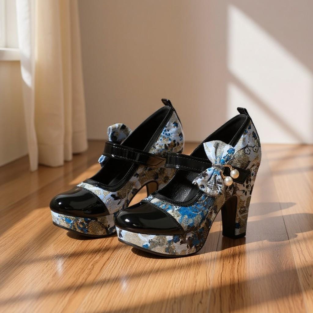 Blue Floral Mary Jane Heels, Platform Bow Pumps, Black Patent Strap Shoes