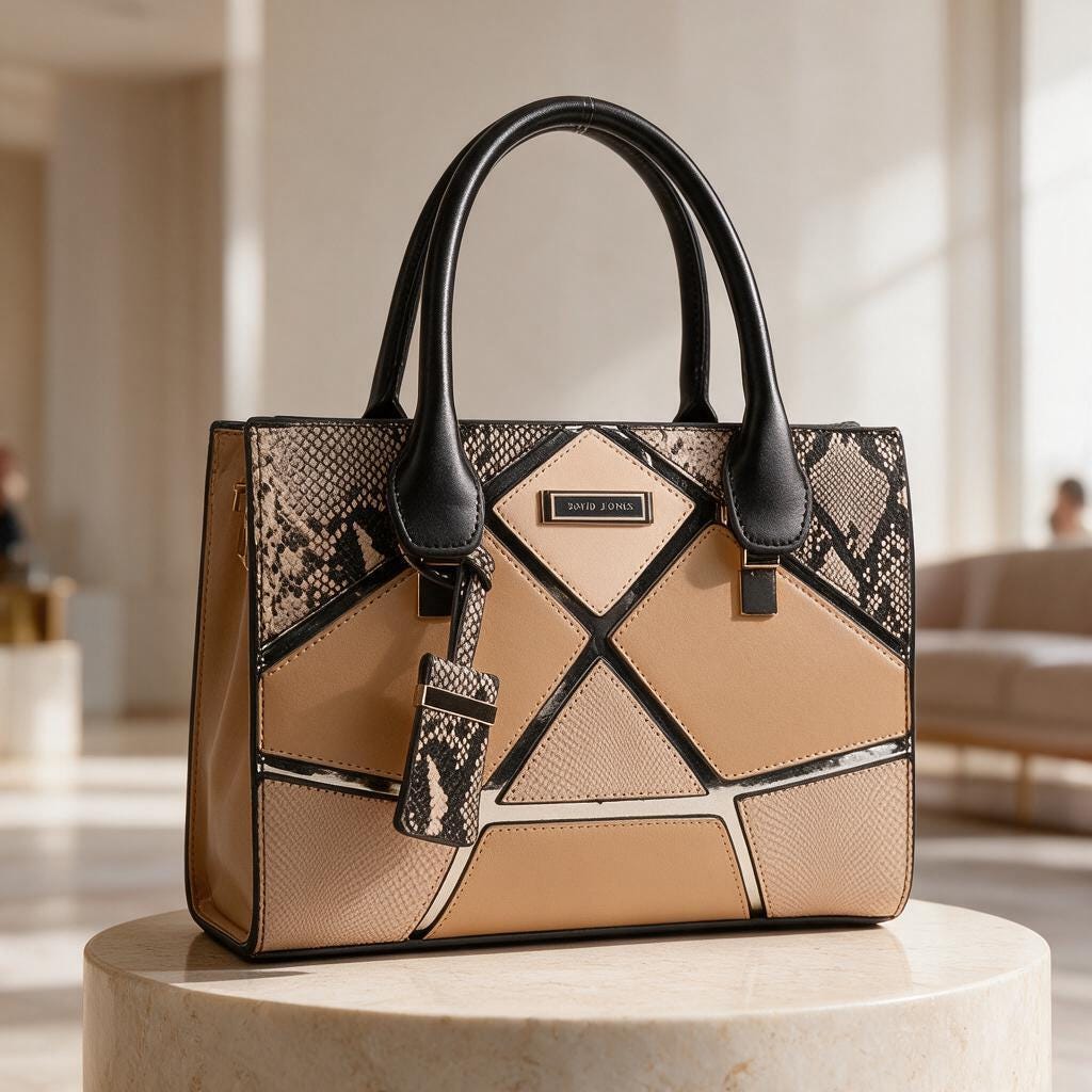 Geometric Color Block Tote Bag, Snake Print Handbag, Structured Top Handle Purse, Beige Tan Shoulder Bag, Women's Work Bag