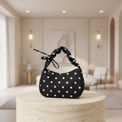 Black Polka Dot Shoulder Bag, Bow Strap Baguette Purse, Y2K Handbag, Coquette Ribbon Bag, Cute Everyday Purse