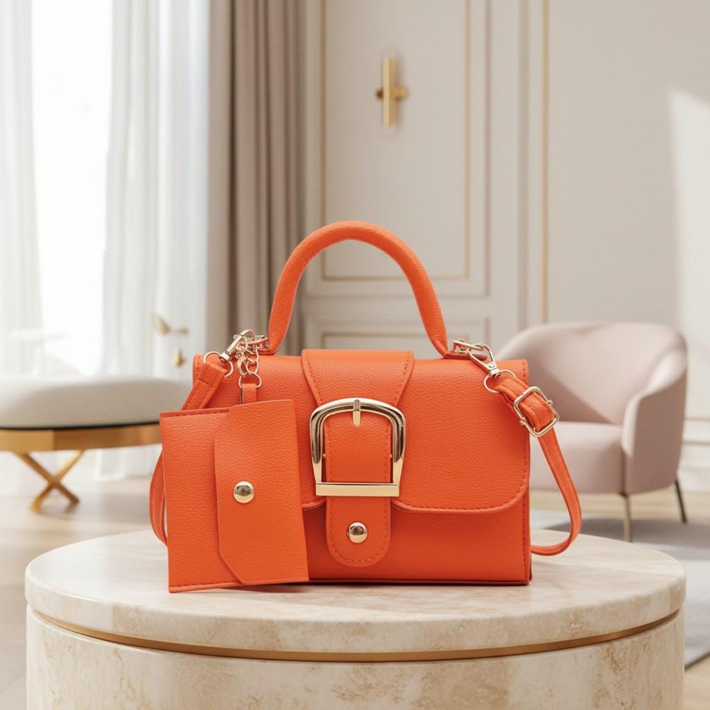 Orange Handbag for Women, Structured Shoulder Bag, Top Handle Crossbody Purse, Buckle Detail Everyday Bag