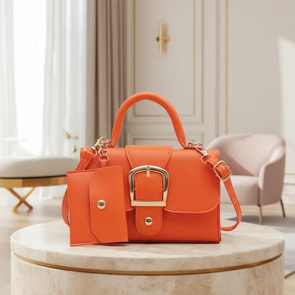Orange Handbag for Women, Structured Shoulder Bag, Top Handle Crossbody Purse, Buckle Detail Everyday Bag