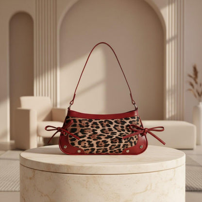 Leopard Baguette Bag, Burgundy Trim Shoulder Purse, Animal Print Handbag, Y2K Underarm Bag, Bow Detail Purse