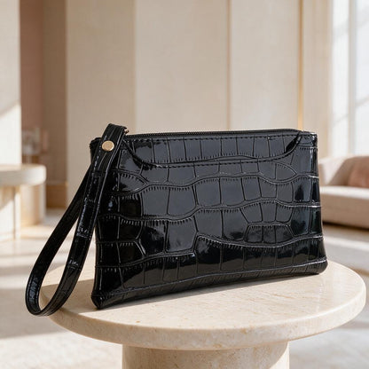 Black Crocodile Clutch Bag, Glossy Wristlet Purse, Embossed Black Evening Bag, Croc Print Pouch, Sleek Zip Wristlet