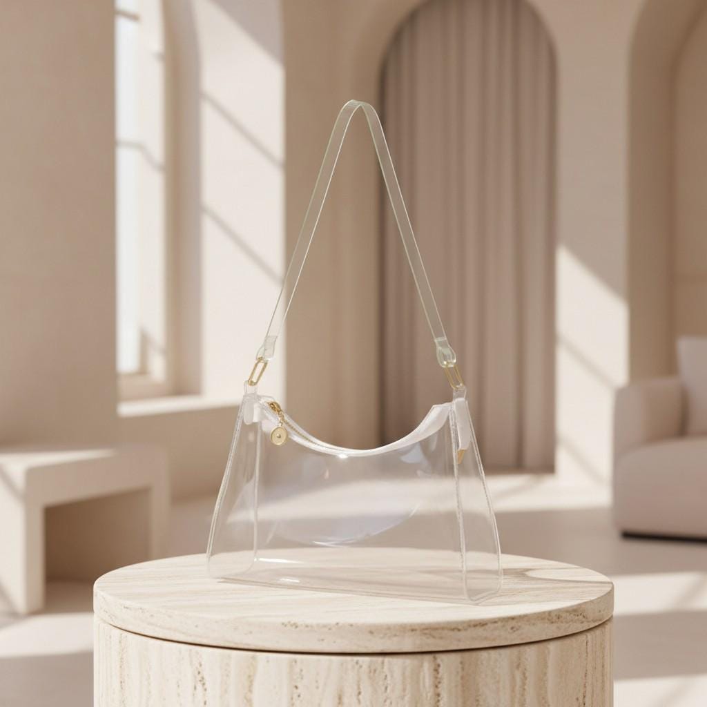 Clear Hobo Shoulder Bag, Transparent Crescent Purse, Minimalist Handbag
