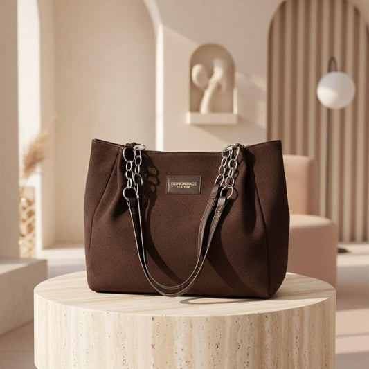 Brown Tote Bag, Large Shoulder Purse for Women, Chain Handle Handbag, Soft Textured Everyday Bag